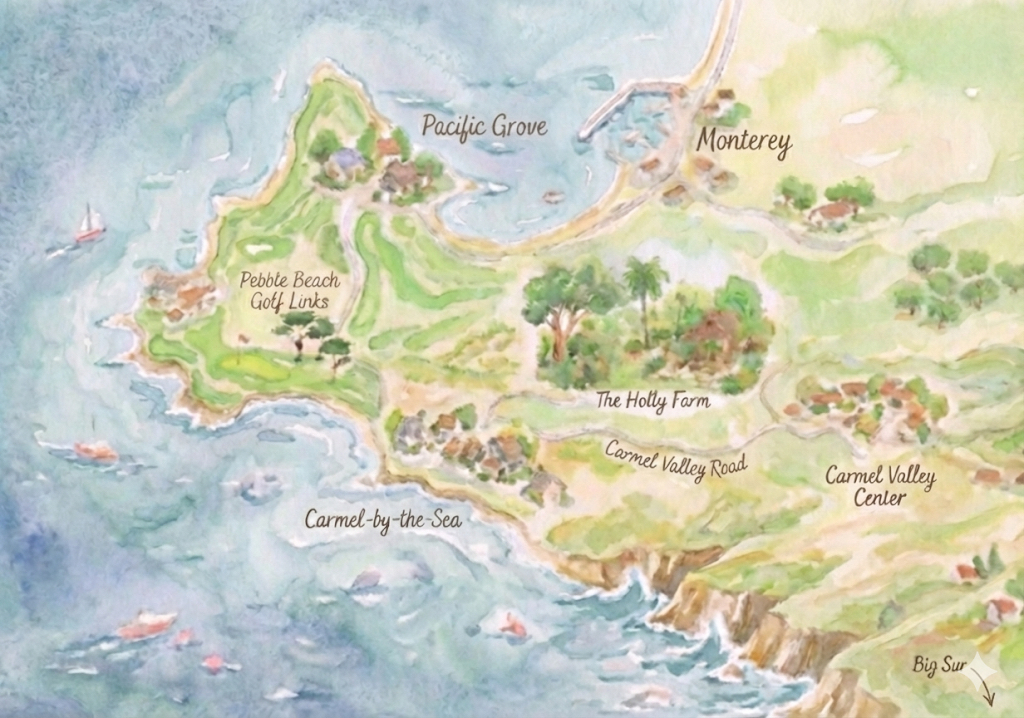 Watercolor map of Carmel Valley, Carmel-by-the-Sea, Monterey and Pacific Grove